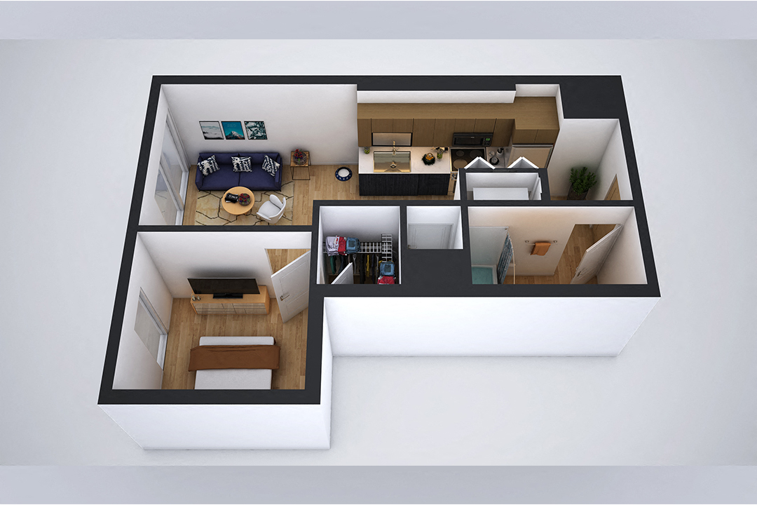 Floor plan for 1 bed, 1 bath, 566 sqft